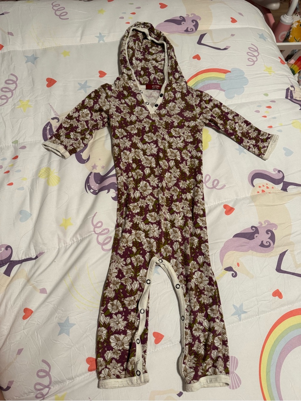 Milkbarn Burgundy Floral Hooded One-Piece with snaps down the legs